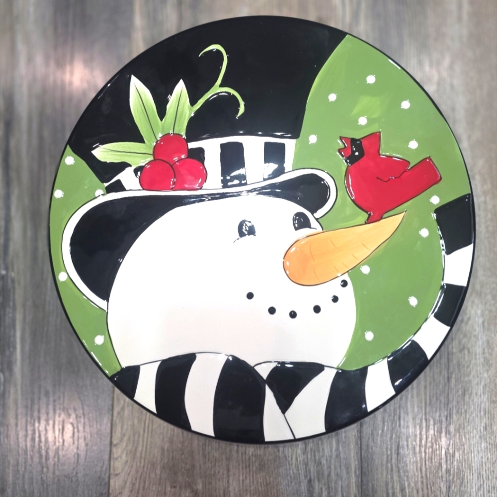 2011 Fitz And Floyd Christmas Frosty's Frolic Footed Cake Plate Chip Dip Snowman